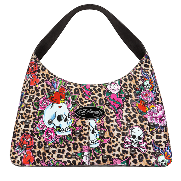 Ed Hardy Leopard Print Skull Tattoo Shoulder Bag Studded Y2K Purse NWT