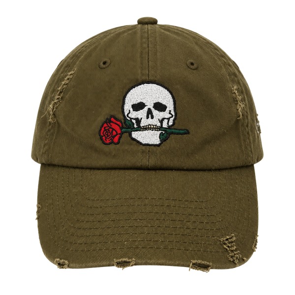 Field Grade Skull Rose Distressed Olive Green Dad Hat
