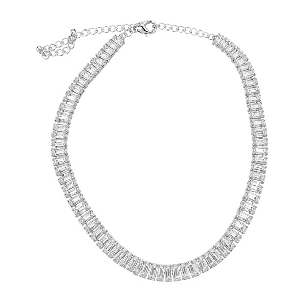 Crystal Baguette Tennis Choker Necklace Silver Tone