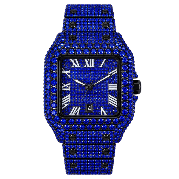 Fashion Watches Blue Iced Out Square Dial Roman Numerals Quartz Watch