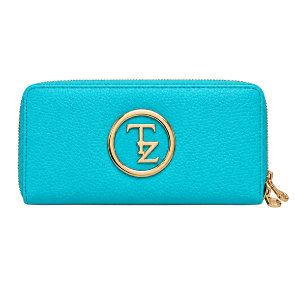 Tracy Zhou Double Zip Around Wallet Turquoise Faux Leather Wristlet