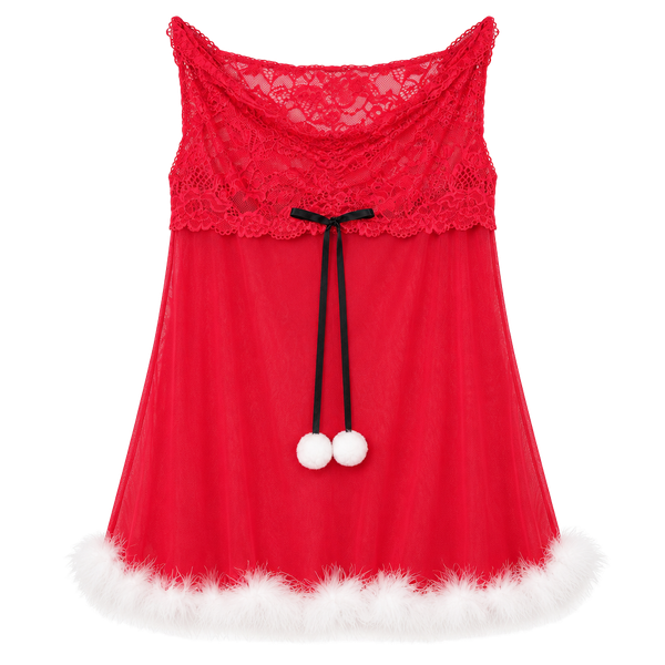 Coquette Christmas Santa Babydoll Lingerie Red White Fuzzy Pom Poms