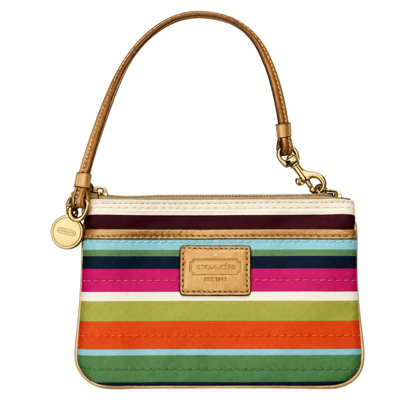 Coach Julia Legacy Stripe Satin Wristlet Multicolor Gold Leather Trim