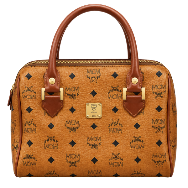 MCM Visetos Monogram Cognac Brown Boston Satchel Handbag