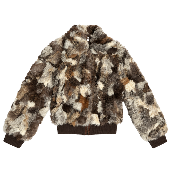 Vintage Rabbit Fur Bomber Jacket Brown Patchwork Real Fur Zip Up