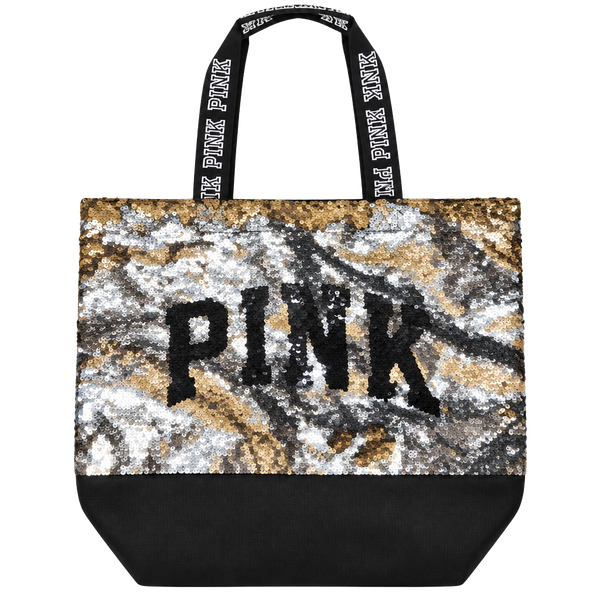 Victoria's Secret PINK Sequin Tote Bag Silver Gold Black