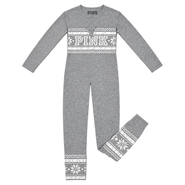 Victoria's Secret PINK One Piece Pajama Gray Fair Isle Thermal Union Suit