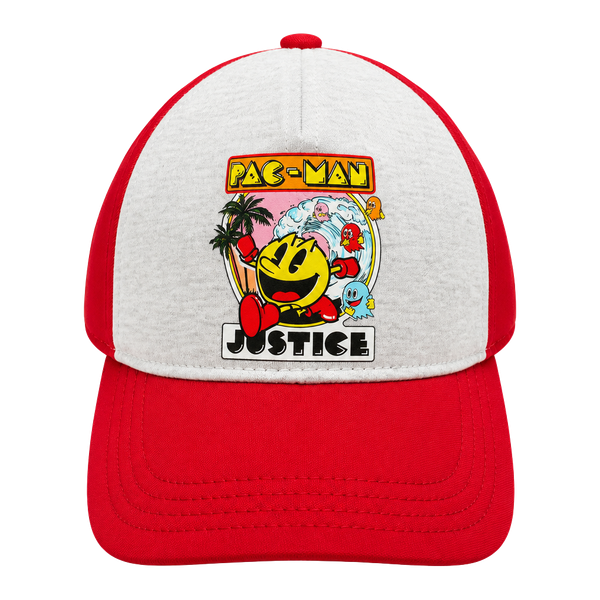 Justice Pac-Man Trucker Hat One Size Red Gray Graphic Snapback Cap