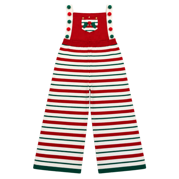 eyeshedow Christmas Knit Overalls Size XL Red Green Striped Pom Pom Jumpsuit