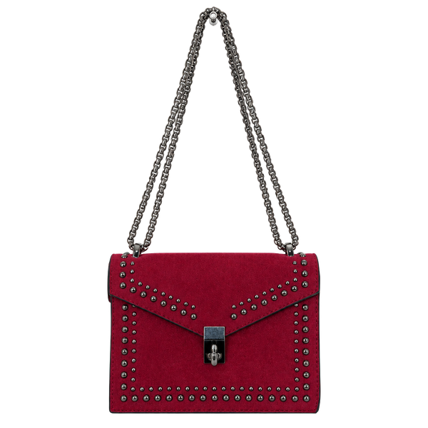 Studded Red Suede Chain Shoulder Bag