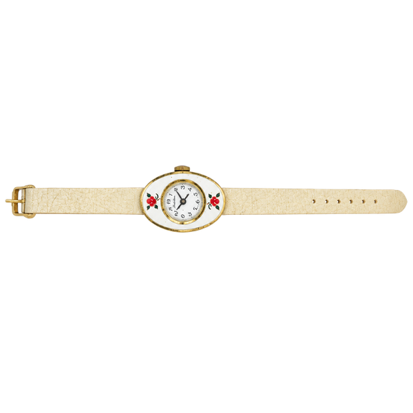 Majestime Floral Oval Pendant Watch Off-White Leather Strap