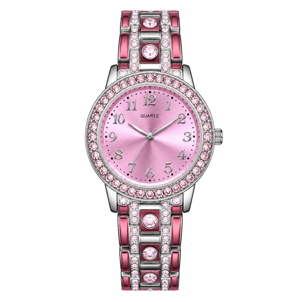 Quartz Rhinestone Watch Pink Dial Stainless Steel