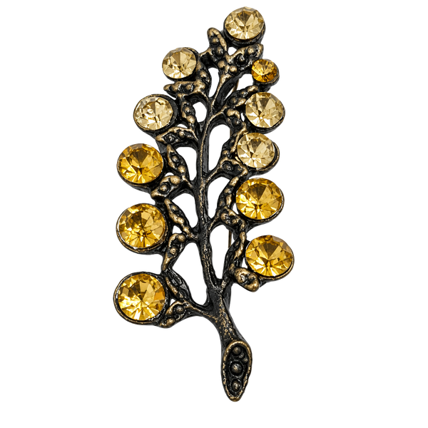 Vintage Black Japanned Metal Rhinestone Leaf Branch Brooch Pin