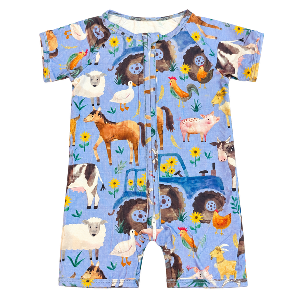 WeiWei Farm Animals Shortie Romper Size 0-3M Blue Bamboo Zippy