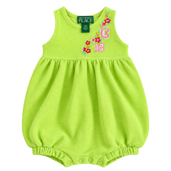 The Children's Place Neon Green Waffle Knit Romper with Butterfly Embroidery