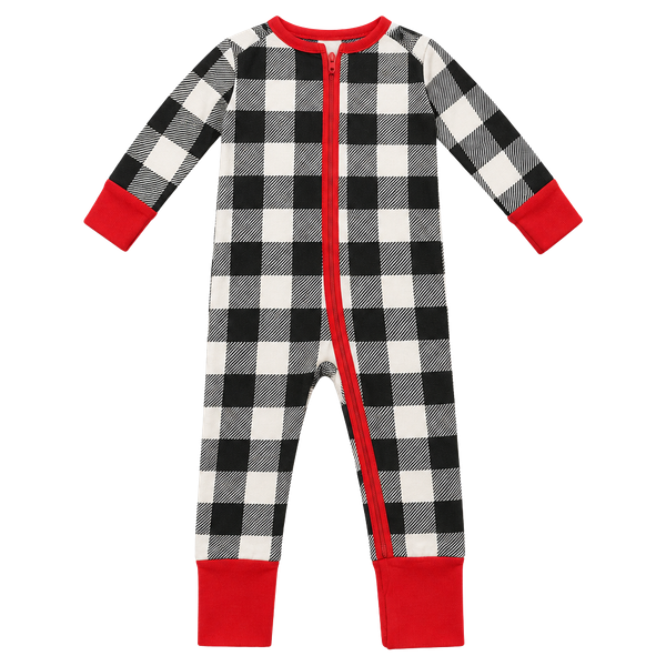 3-6 m Little Sleepies Pajama Set Black White Plaid Red Zipper Long Sleeve Footed