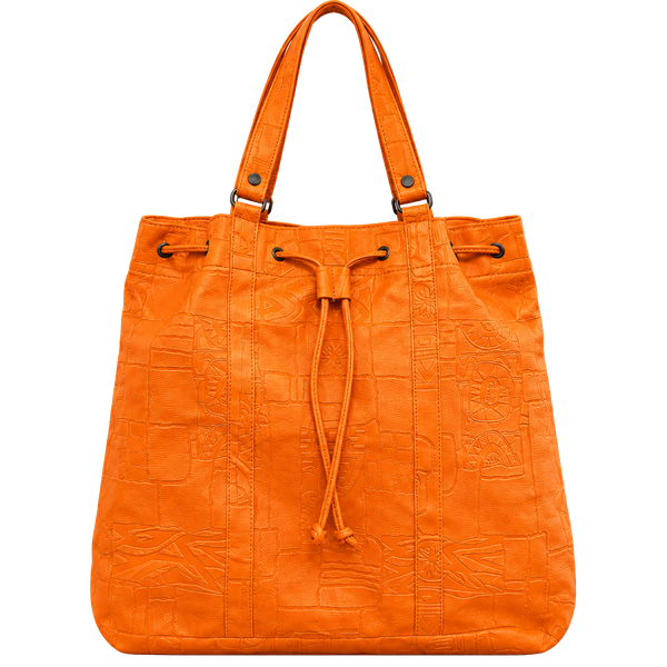 Vintage Embossed Leather Drawstring Tote Shoulder Bag Orange Hieroglyphics