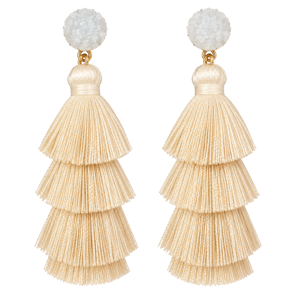 Pave Envy White Druzy Stone And Triple Tier Tassel Drop Earrings