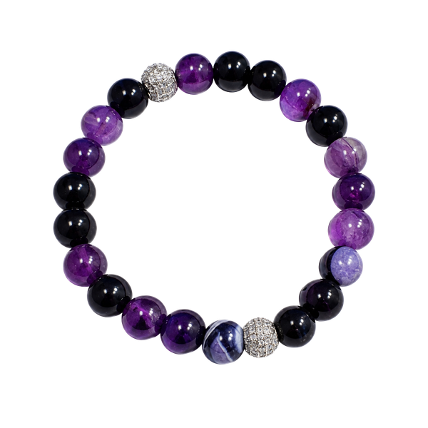 Amethyst and Black Onyx Beaded Bracelet with Silver Accents