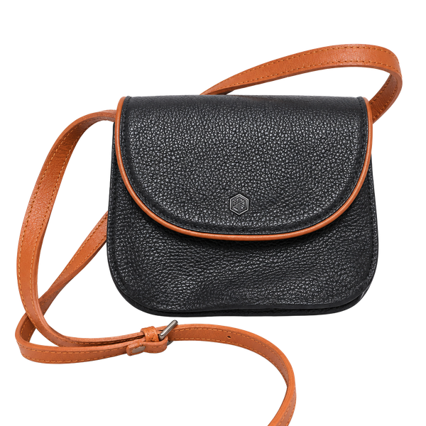 Valentina Black Pebbled Leather Crossbody Bag with Tan Trim
