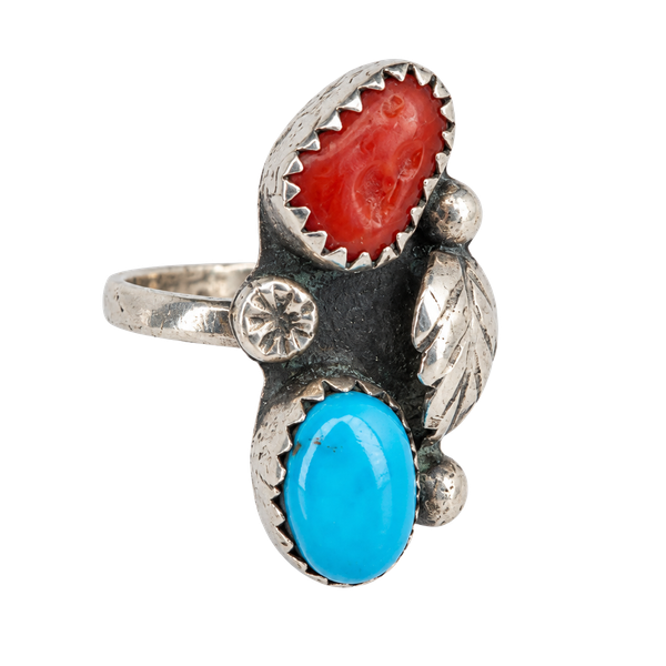 Vintage Sterling Silver Native American Navajo Turquoise And Coral Ring