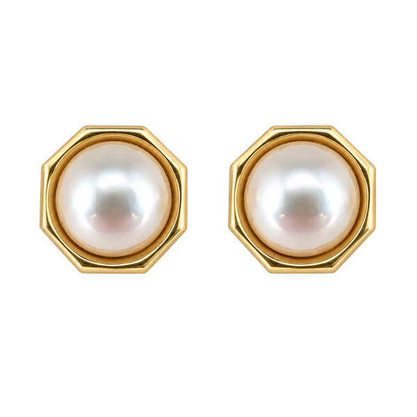 vintage 14k gold Octagon Bezel Set White Round Pearl Stud Earrings