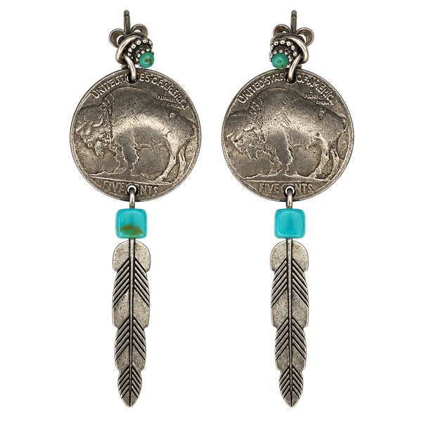 Vintage Sterling Silver Feather,  Turquoise, Buffalo Nickel Earrings