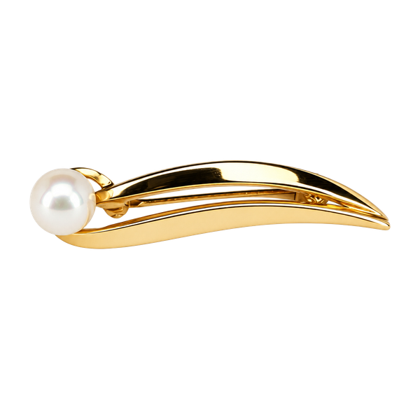 14k Yellow Gold Signed Brooch Pin w/ 1 Round White Pearl Gemstone