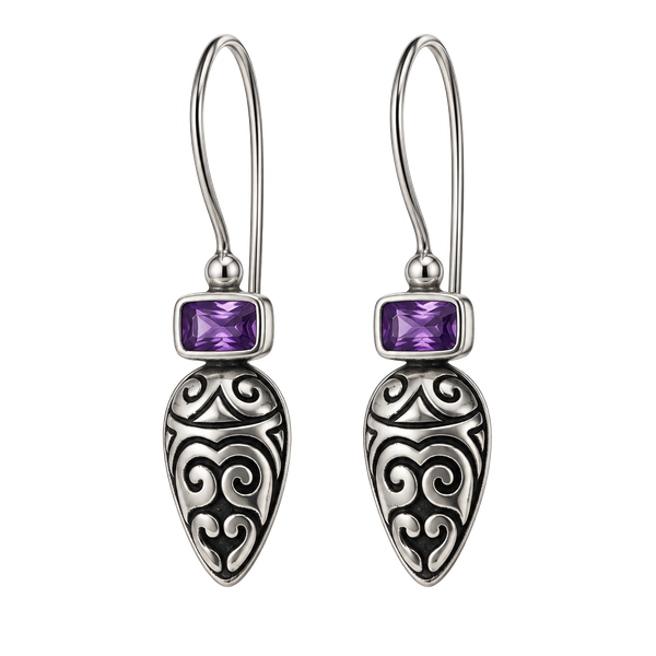 sterling silver amethyst filigree/ Balinese dangle drop earrings 