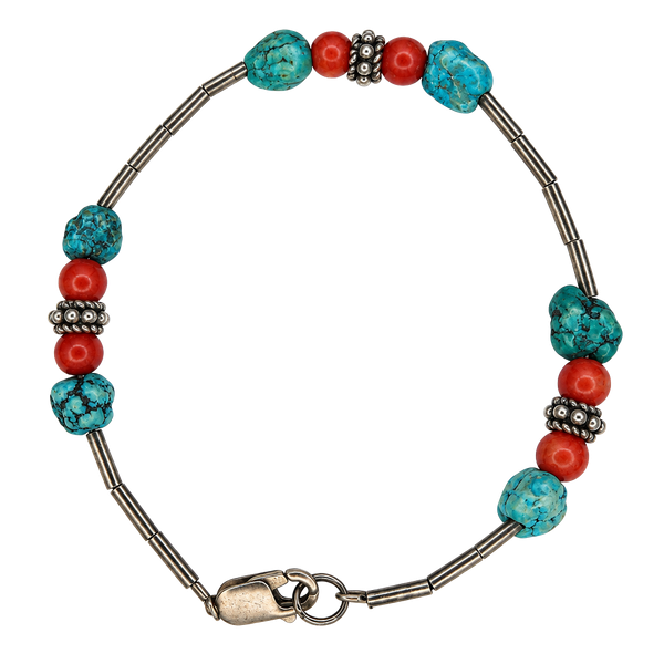 Vintage Sterling Silver Turquoise And Coral Beaded Bracelet.