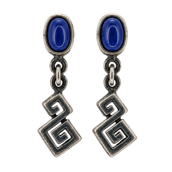 Sterling Silver 925 Greek Key Lapis Lazui Stud Earrings