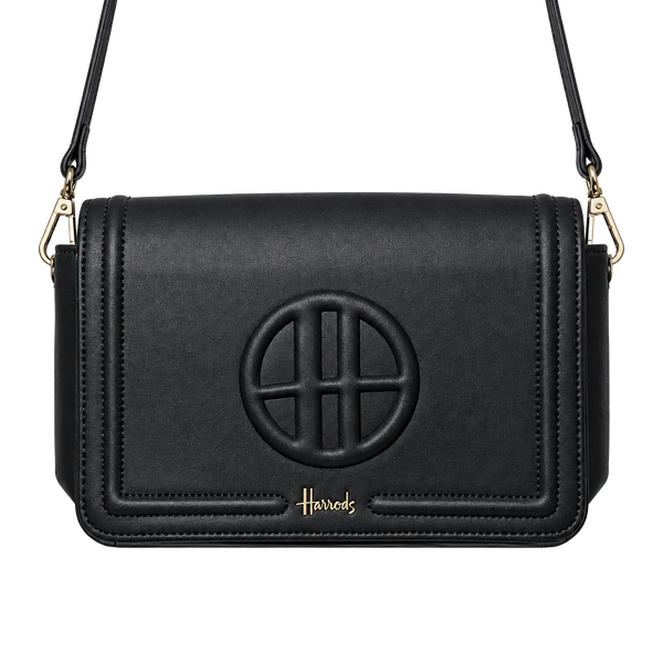 Harrods Black Crossbody Bag Gold Hardware Logo Flap Closure