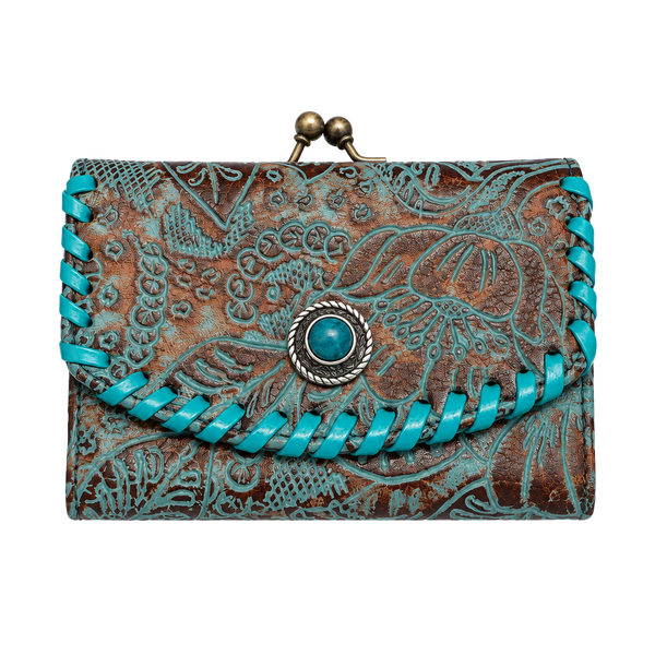 Myra Bag Floral Contrast Tooled Leather Wallet Brown Turquoise