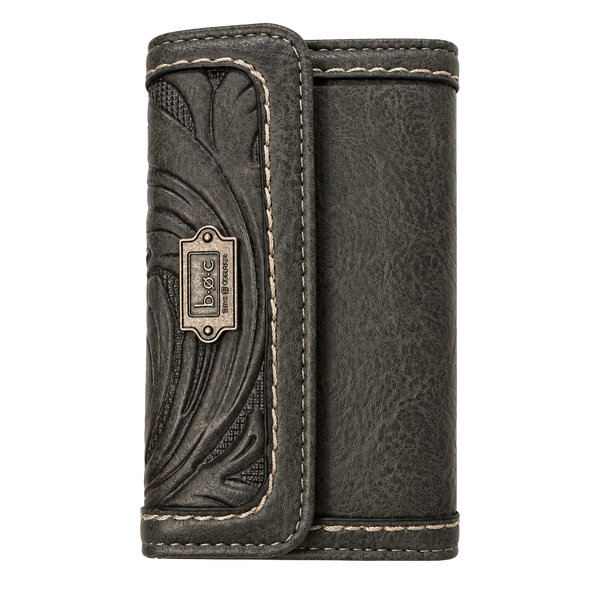 b.o.c. Embossed Floral Trifold Wallet Charcoal Gray Faux Leather