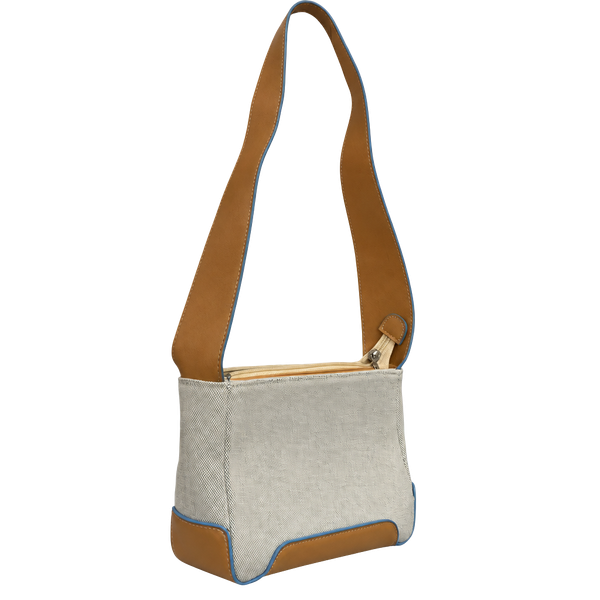 Vintage Canvas Leather Shoulder Bag Tan Blue Trim
