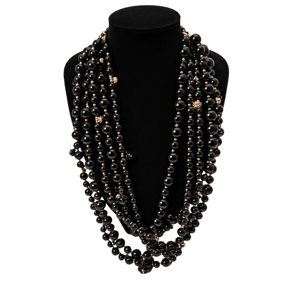 Talbots Multi Strand Black Beaded Statement Necklace Gold Tone Bib