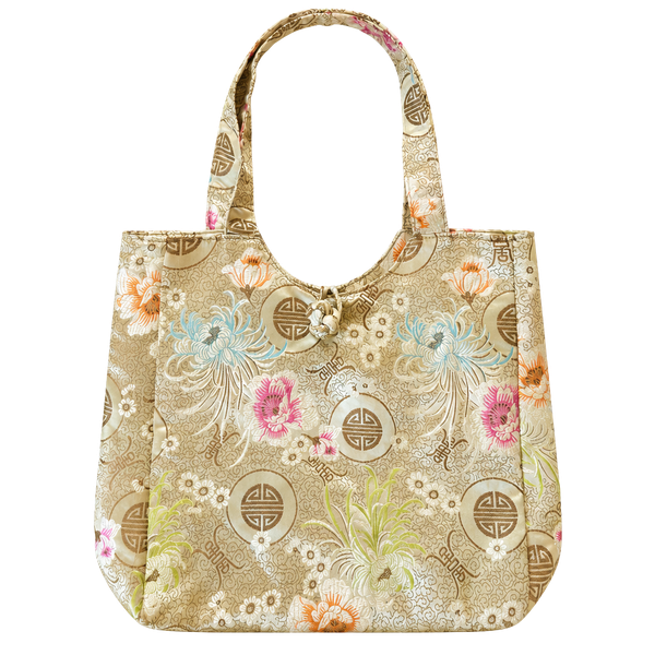 Chinese Brocade Silk Tote Bag Gold Floral Frog Knot