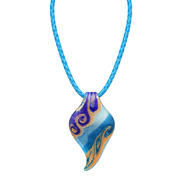 Vintage Murano Style Glass Wave Pendant Necklace Cobalt Blue Gold Foil Venetian Art