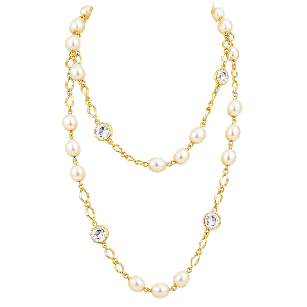 Vintage Faux Pearl Station Chain Necklace Bezel Set Crystal Drop Accents Gold