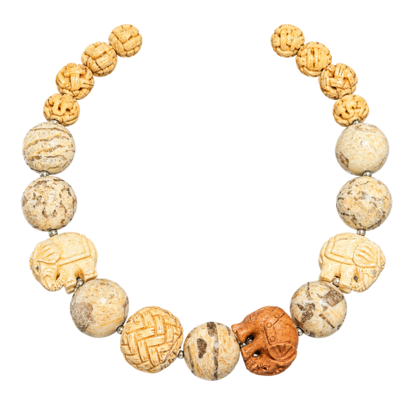 Vtg Chunky Artisan Bobe Carved Elephant & Fossil Stone Statement Necklace -Boho