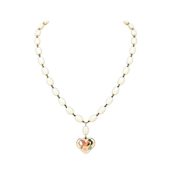 Vtg Moonstone Glass Chain & Enamel Hummingbird Heart Pendant Necklace Opalescent