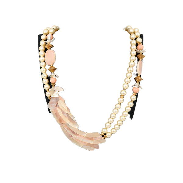 Vtg Mother Of Pearl Carved Bird Statement Necklace Faux Pearl Coral Multi Strand