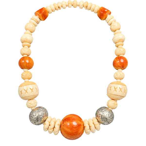 Vtg Carved Bovine Bone Necklace Marbled Orange Bakelite Ethiopian Silver Boho