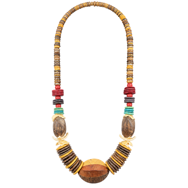 Vtg Boho Natural Coconut Shell Disc Heishi Bead Wooden Tribal Statement Necklace