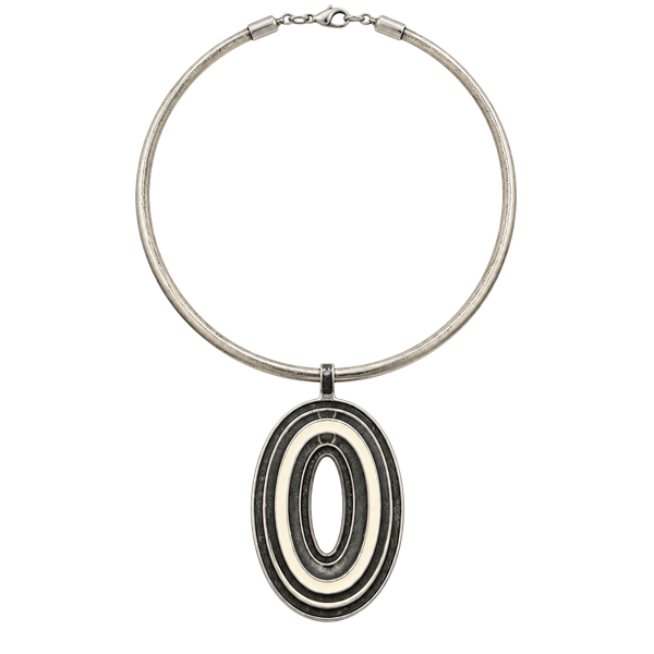 Vintage Silver Tone Rigid Torque Collar Choker Necklace Black White Oval Pendant