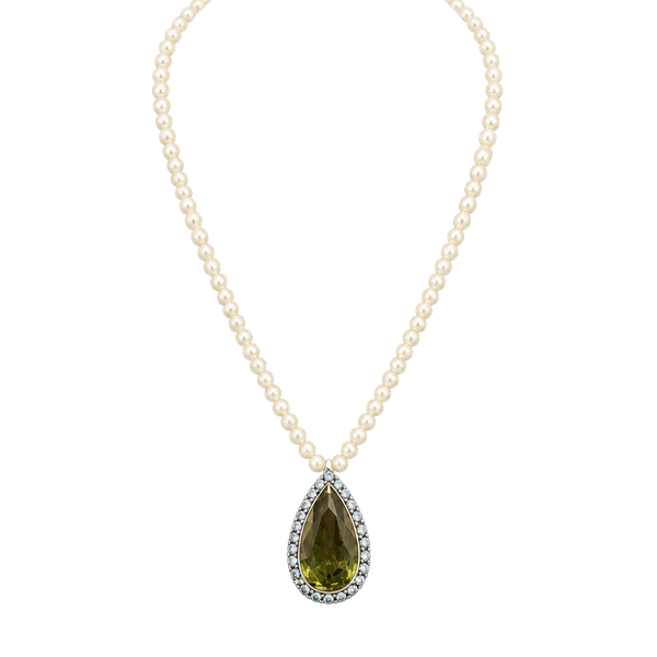 Vtg Signed MONET Olive Green Teardrop Pendant Faux Pearl Halo Necklace Mid Cent