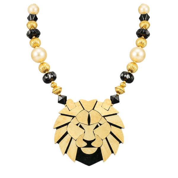 Vintage 1980s Massive Mother of Pearl Lion Head Mosaic Statement Necklace 