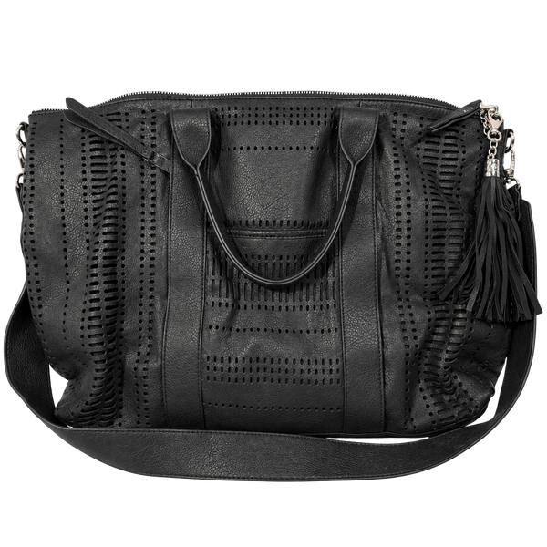 Splendid Black Perforated Leather Handbag with Tassel