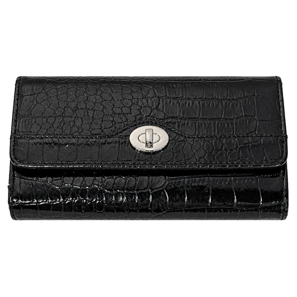 Couronne Black Crocodile Embossed Patent Leather Trifold Wallet
