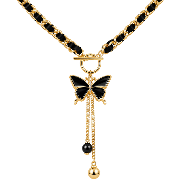 Butterfly Tassel Pendant Necklace Gold Black Chain